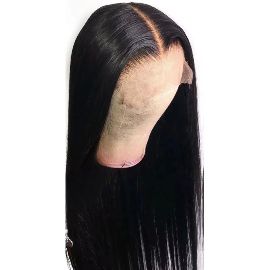 Straight lace front wig with natural-looking middle part and long black virgin hair