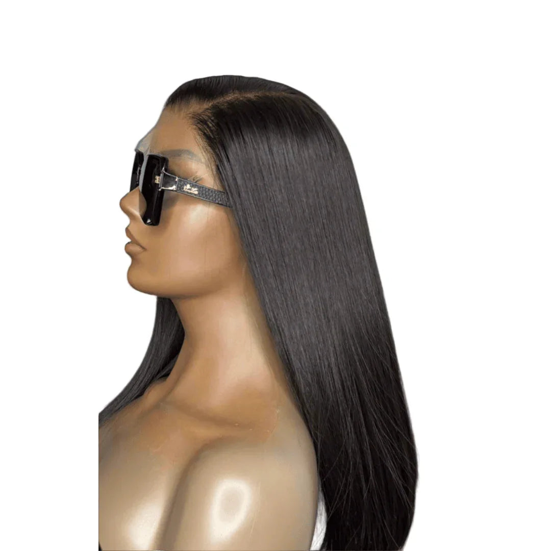 Mannequin with long straight black hair wig, middle part, and oversized sunglasses
