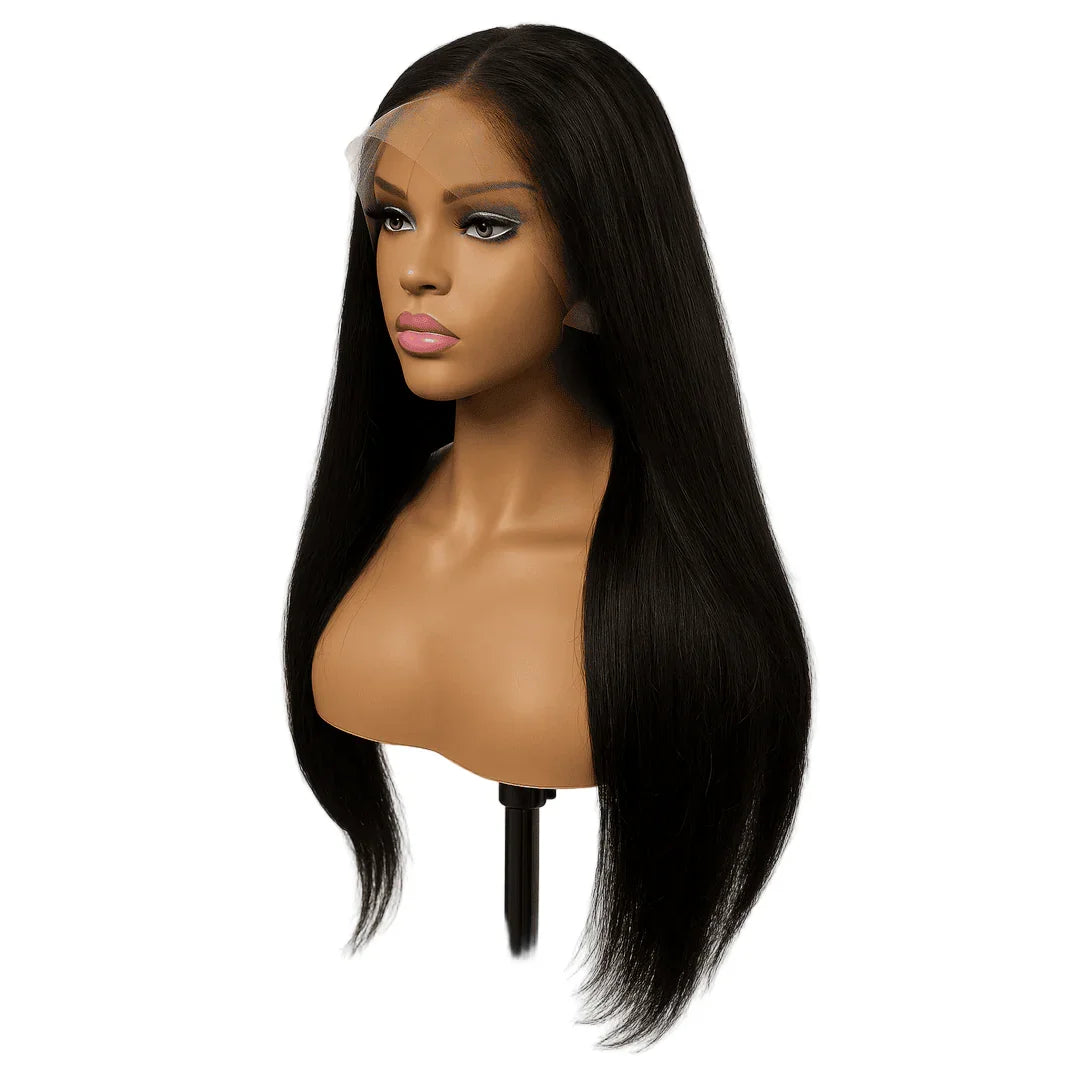 Straight long black lace front wig on mannequin head, natural hair extension display